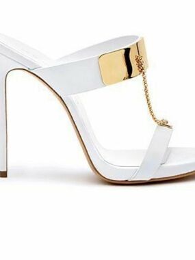 Casadei White High Heel Sandals with Gold Chain Accent